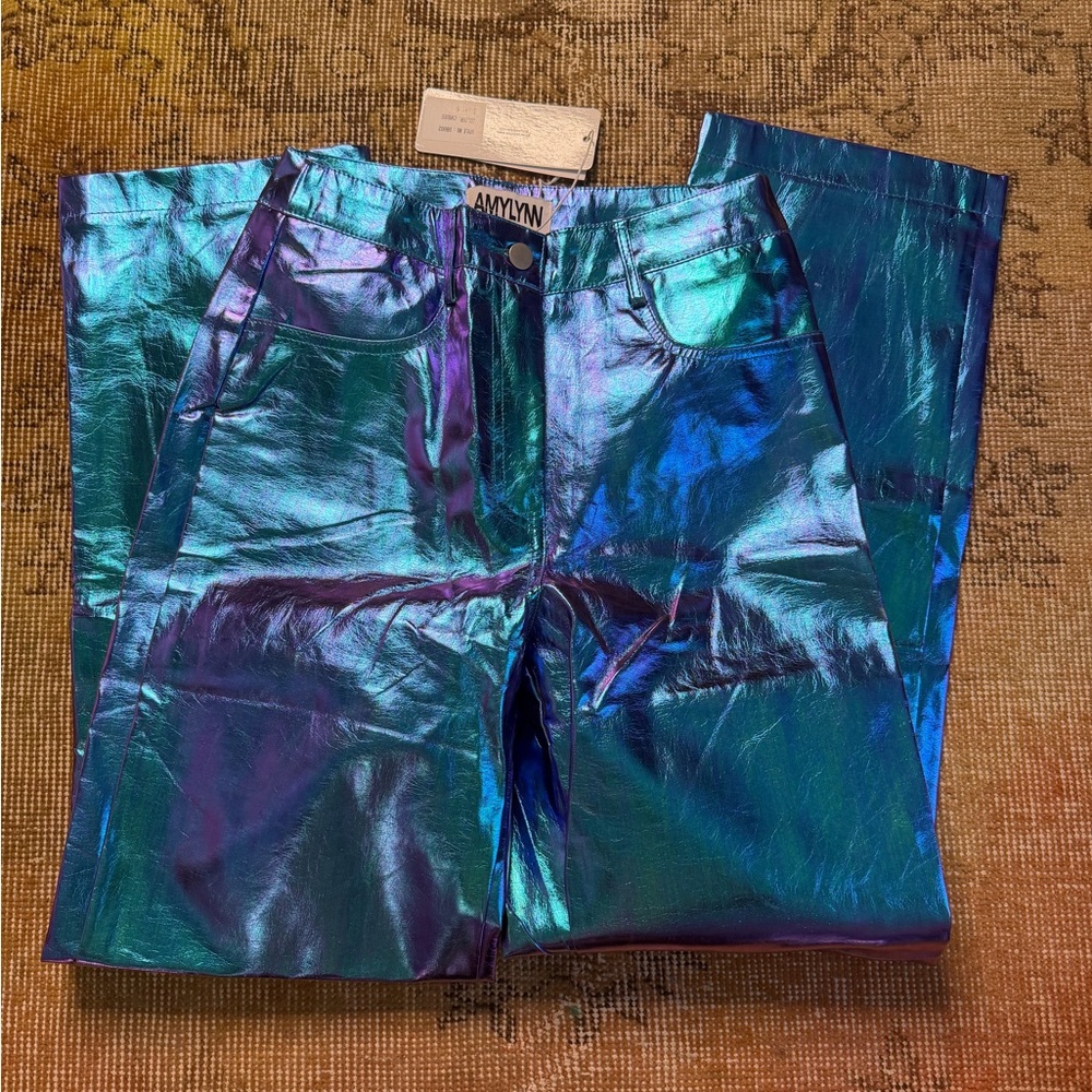 BNWT Amy Lynn Lupe Blue / Purple Metallic High Waisted Pants - Picture 4 of 5